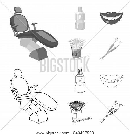 Dental Sterile Liquid In The Jar, Lips, Teeth, Toothpicks In The Jar, Medical Instruments For The De