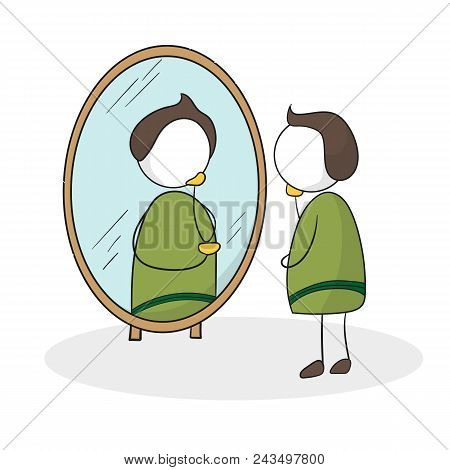Man In Front Of The Mirror. Looking Himself In The Mirror. Man Checking His Appearance In The Mirror