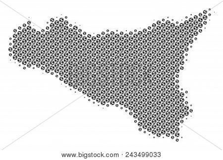 Football Ball Sicilia Map. Vector Geographic Scheme In Gray Color. Abstract Sicilia Map Composition 