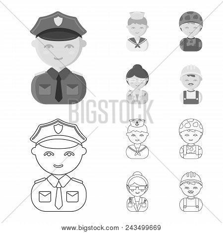 Sailor, Soldier, Scientist, Builder.profession Set Collection Icons In Outline, Monochrome Style Vec