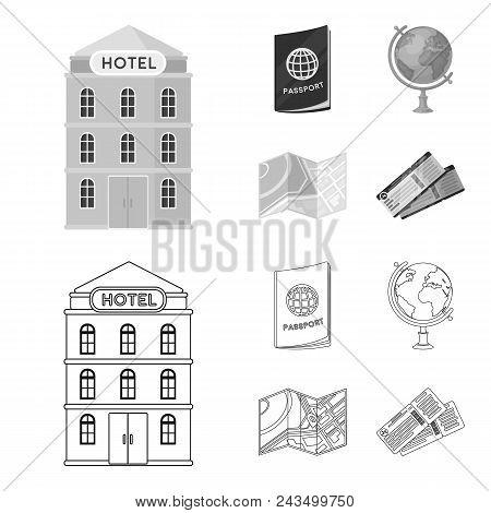 Vacation, Travel, Passport, Globe .rest And Travel Set Collection Icons In Outline, Monochrome Style