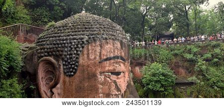 The Detail Of Leshan Giant Buddha 71 Meters Tall Stone Statue Carved Out Of The Cliff, Faces Conflue