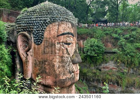 The Detail Of Leshan Giant Buddha 71 Meters Tall Stone Statue Carved Out Of The Cliff, Faces Conflue