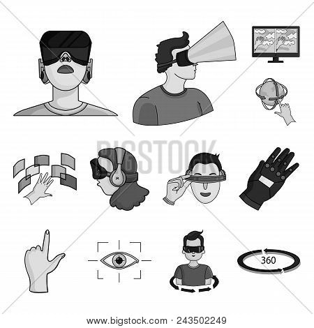 A Virtual Reality Monochrome Icons In Set Collection For Design. Modern Technology And Equipment Vec