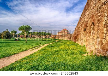 Ruins Of The Iconic Parco Degli Acquedotti, Rome, Italy. The Public Park Is Named After The 7 Ancien