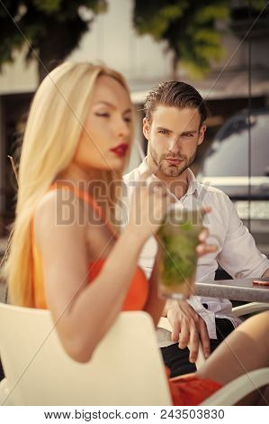 Sexy Couple. Appy Woman. Sexy Couple In Love In Cafe Outdoor. Sensual Woman Date Handsome Man. Love,
