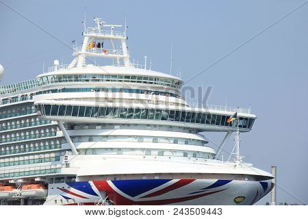 Velsen, The Netherlands - May 29th, 2018: Azura P & O Cruises On North Sea Canal Towards Amsterdam