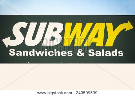 Giessen, Germany- March 25, 2018: Subway Logo On A Facade. Subway Is An American Fast Food Restauran