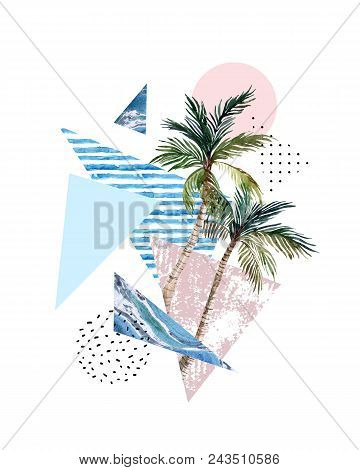 Abstract Summer Background. Triangle, Circle, Watercolor Palm Tree, Marble, Grunge Textures. Geometr