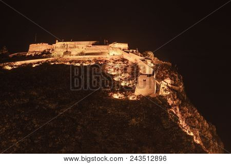 Nafplio Palamidi Fortress In Peloponnese Peninsula Greece, Night Scene