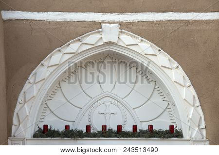 San Francisco De Asis Mission Church Archway Over The Main Door During December.