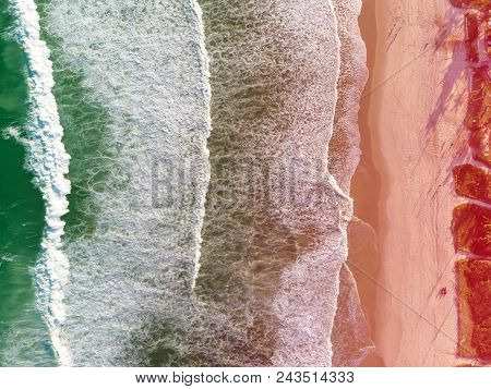 Drone Photo Of Beach In Barra Da Tijuca, Rio De Janeiro, Brazil. Waves Crashing With Whitewash, The 