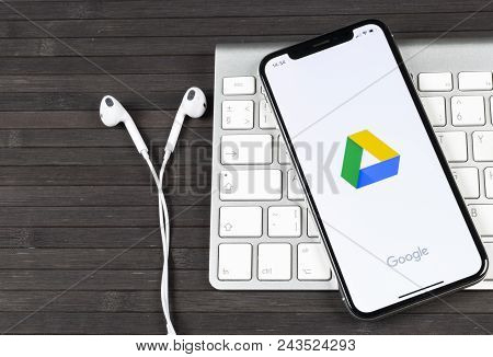 Sankt-petersburg, Russia, June 2, 2018: Google Drive Application Icon On Apple Iphone X Screen Close