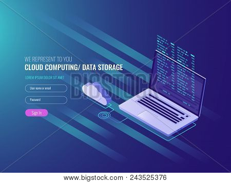 Cloud Computing Concept, Open Laptop With Cloud Icon And Program Code On Scree, Data Storage, It Iso
