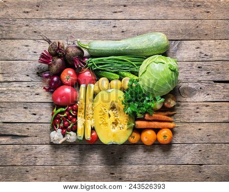 Square Shape Assortment Fresh Organic Vegetables Wooden Background Country Style Local Market Concep