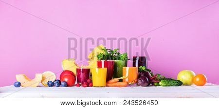 Group Juices Smoothie Different Glasses Red Yellow Orange Violet Purple Fruits Vitamins Health Conce