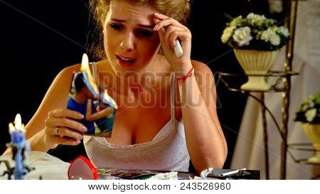 Wedding memories. Broken heart woman. Couple break up. Sad bride on unhappy wedding. Woman and groom quarrel. Portrait crying female. Family has divorce. How to recognize end of relationship.