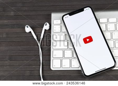 Sankt-petersburg, Russia, June 2, 2018: Youtube Application Icon On Apple Iphone X Smartphone Screen