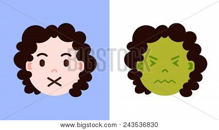 Set Girl Head Emoji Personage Icon With Facial Emotions, Avatar Character, Sickness And Silence Face