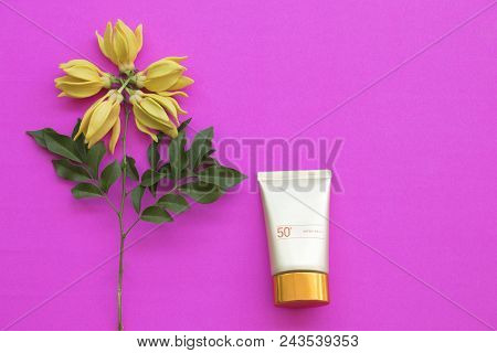 Natural Cosmetics For Skin Face Sunscreen Spf50 Of Lifestyle Woman Relax Summer With Ylang Ylang Flo