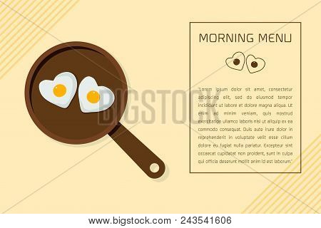 Minimal Flat Design Morning Menu With Couple Egg In Heart Shape On The Pan  On Yellow Background Vec