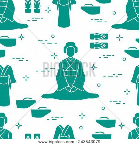 Seamless Pattern With Asian Woman, Traditional Japanese Clothing, Shoes. Travel And Leisure.