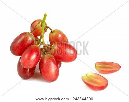Fresh Red Seedless Grapes Isolated On White Background With Copy Space