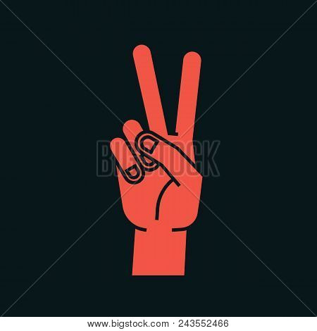 Gesture. Stylized Hand In The Form Of V Letter. Victory. Icon. Vector Illustration On A Dark Backgro