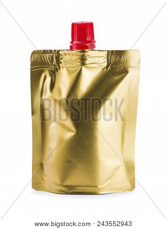 Gold Doy-pack On White Background. Clean For Your Design