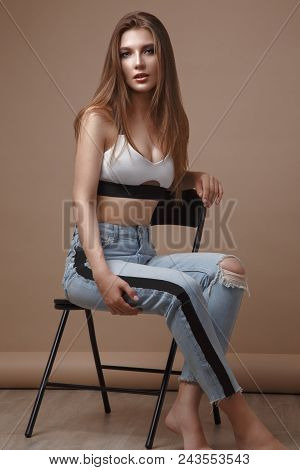 Sexy Fashion Model With Long Hair, Young European Attractive, Beautiful Eyes, Full Lips, Perfect Ski