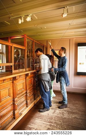 Oslo, Norway-august 13, 2014 - Traditional Old Bank And People At Norsk Folkemuseum.