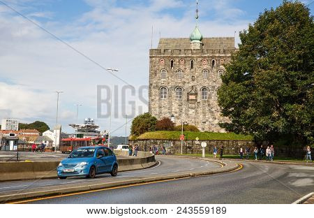 Bergen, Norway-august 17, 2014 -  Bergenhus Fortress And Rosenkrantz Tower In The Historical Part Of