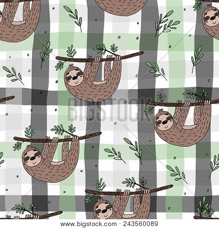 Seamless Pattern With Cute Doodle Sloth Print.