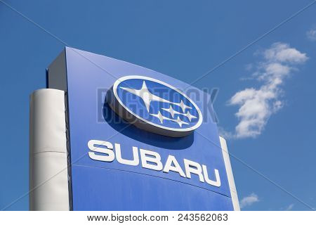 Moscow, Russia - May, 2018: Subaru Automobile Dealership Sign Against Blue Sky. Subaru Is A Japanese