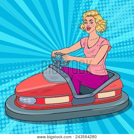 Pop Art Joyful Woman Riding Bumper Car At Fun Fair. Girl In Electric Car At Amusement Park. Vector I