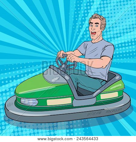 Pop Art Excited Man Riding Bumber Car At Fun Fair. Guy In Electric Car At Amusement Park. Vector Ill