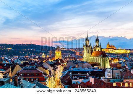 Amazing Cityscape View Of Prague Castle And Church Of Our Lady Tyn, Czech Republic During Sunset Tim