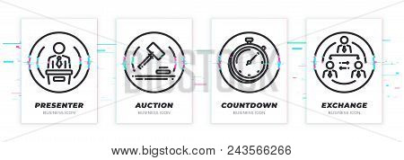 Presentation, Auction, Countdown, Exchange. Business Theme Glitched Black Icons Set. Scalable Vector