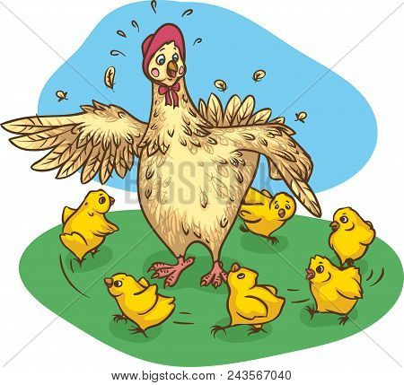 Mother Hen And Chickens Walking On The Green Grass