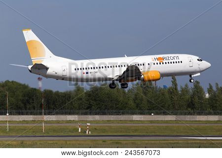 Borispol, Ukraine - May 26, 2018: 9h-zaz Air Horizont Boeing 737-400 Aircraft Landing On The Runway 