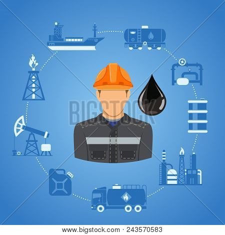 Oil Industry Infographics With Flat Two Color Icons Extraction Production And Transportation Oil And