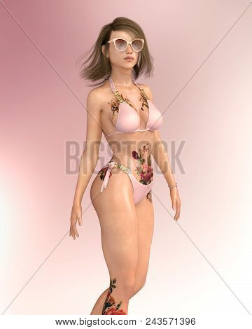 Computer Generated 3d Illustration With An Attractive Woman In Bikini With Sunglasses And Tattoo