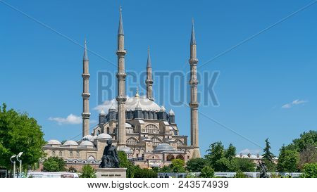 Selimiye Mosque And Statue Of Its Architect Mimar Sinan, Edirne, Turkey