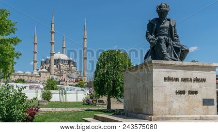 Selimiye Mosque And Statue Of Its Architect Mimar Sinan, Edirne, Turkey