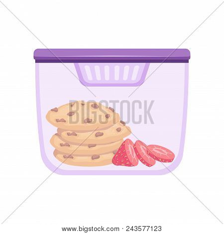 Lunch Box With Cookie And Strawberry, Healthy Food For Kids And Students Vector Illustration Isolate