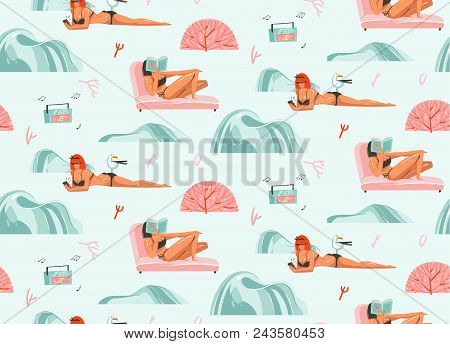 Hand Drawn Vector Abstract Graphic Cartoon Summer Time Flat Illustrations Seamless Pattern With Girl