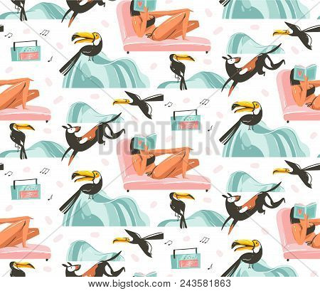 Hand Drawn Vector Abstract Graphic Cartoon Summer Time Flat Illustrations Seamless Pattern With Girl