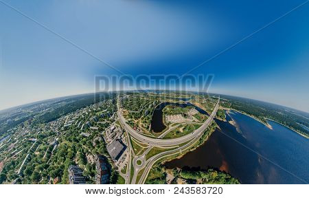 Virtual Reality, Riga Street And Livig Houses, Latvia, Drone Vr Technology 360 Simulation Drone Shot