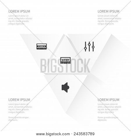 Icon Music Set Of Polypropylene, Equalizer, Megaphone And Other Vector Objects. Also Includes Tape, 