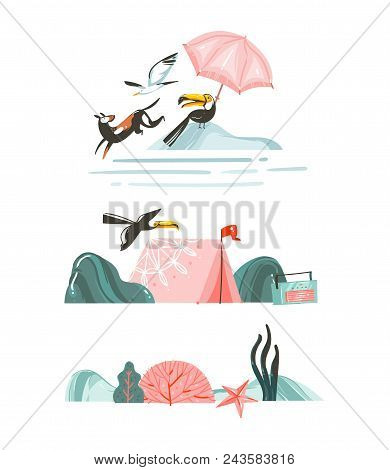 Hand Drawn Vector Abstract Graphic Cartoon Summer Time Flat Illustrations Borders Collection Set Bea